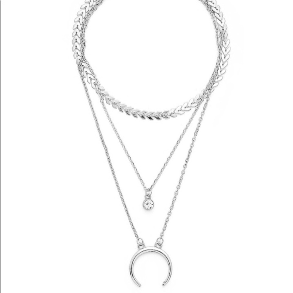 Silver Moon Pendent Layered Chain Necklace - Picture 4 of 5